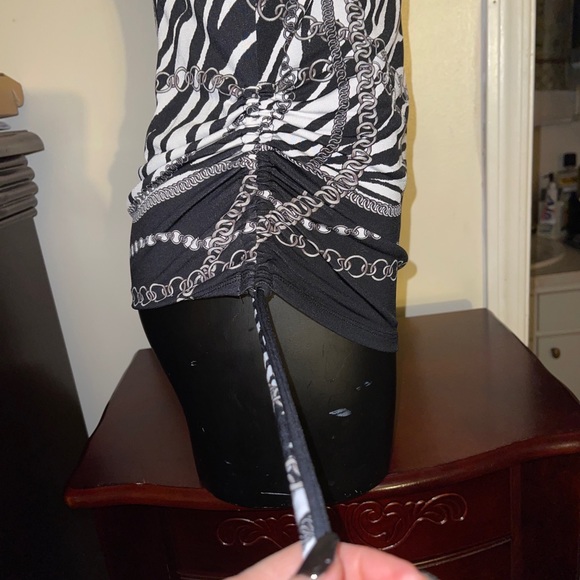Cache M Zebra Chain Print Black White Gray Stretch Knit Top Ruched Tie Side - Picture 9 of 12